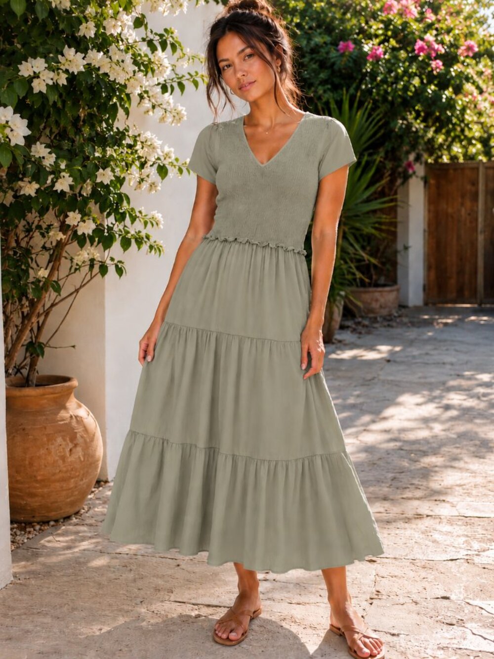 Böhme Sage Green Smocked Tiered Midi dress